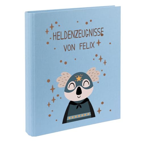 Zeugnismappe mit Namen personalisiert aus Leinen Schulkind Geschenk zur Einschulung Motiv Superheld (Hellblau, Koala) von Elefantasie