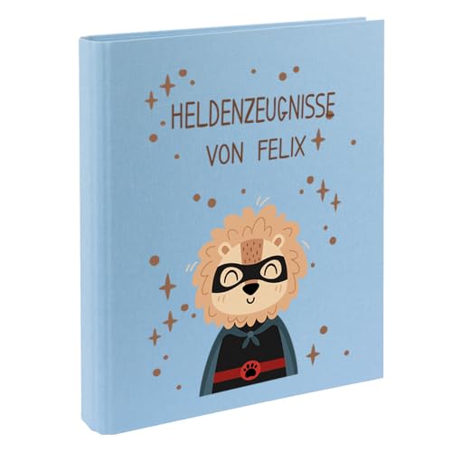 Zeugnismappe mit Namen personalisiert aus Leinen Schulkind Geschenk zur Einschulung Motiv Superheld (Hellblau, Löwe) von Elefantasie