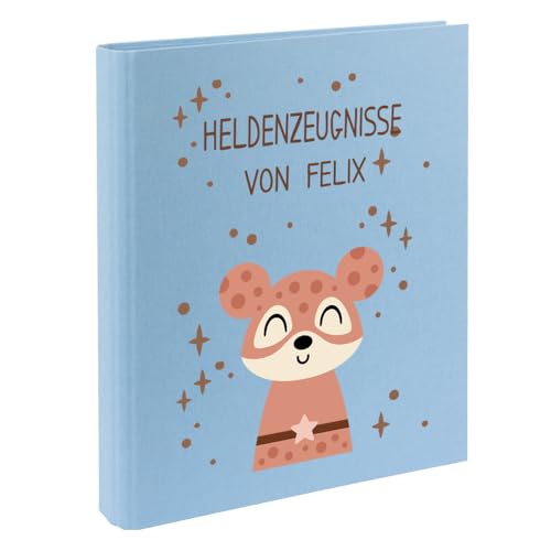 Zeugnismappe mit Namen personalisiert aus Leinen Schulkind Geschenk zur Einschulung Motiv Superheld (Hellblau, Maus) von Elefantasie