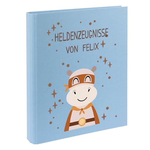 Zeugnismappe mit Namen personalisiert aus Leinen Schulkind Geschenk zur Einschulung Motiv Superheld (Hellblau, Nilpferd) von Elefantasie