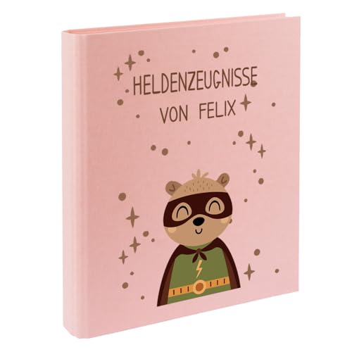 Zeugnismappe mit Namen personalisiert aus Leinen Schulkind Geschenk zur Einschulung Motiv Superheld (Rosa, Bär) von Elefantasie