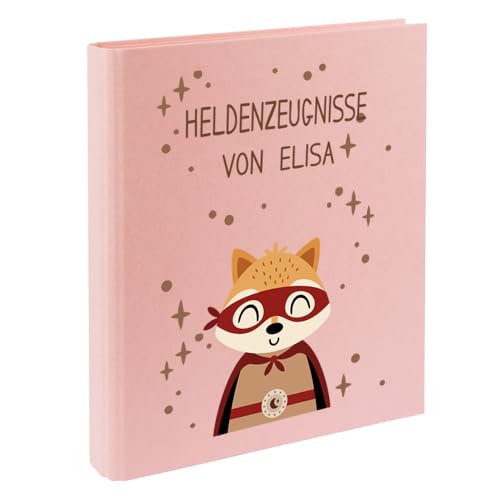 Zeugnismappe mit Namen personalisiert aus Leinen Schulkind Geschenk zur Einschulung Motiv Superheld (Rosa, Fuchs) von Elefantasie