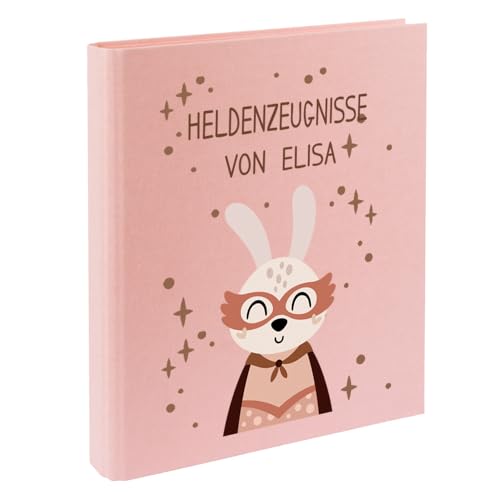 Zeugnismappe mit Namen personalisiert aus Leinen Schulkind Geschenk zur Einschulung Motiv Superheld (Rosa, Hase) von Elefantasie