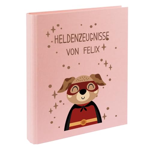 Zeugnismappe mit Namen personalisiert aus Leinen Schulkind Geschenk zur Einschulung Motiv Superheld (Rosa, Hund) von Elefantasie