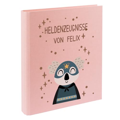 Zeugnismappe mit Namen personalisiert aus Leinen Schulkind Geschenk zur Einschulung Motiv Superheld (Rosa, Koala) von Elefantasie