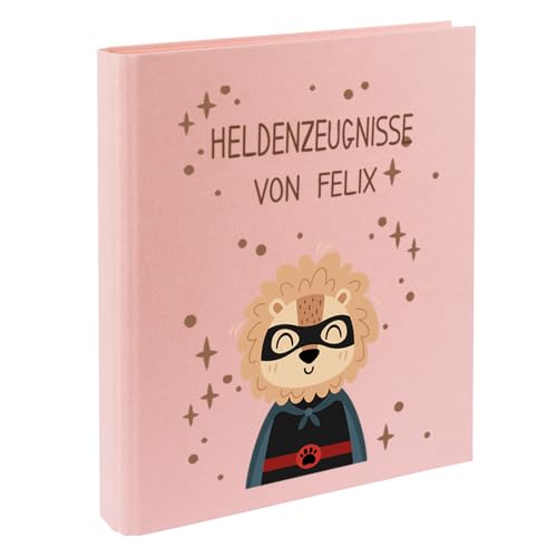 Zeugnismappe mit Namen personalisiert aus Leinen Schulkind Geschenk zur Einschulung Motiv Superheld (Rosa, Löwe) von Elefantasie