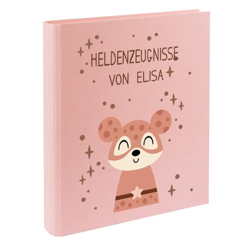 Zeugnismappe mit Namen personalisiert aus Leinen Schulkind Geschenk zur Einschulung Motiv Superheld (Rosa, Maus) von Elefantasie