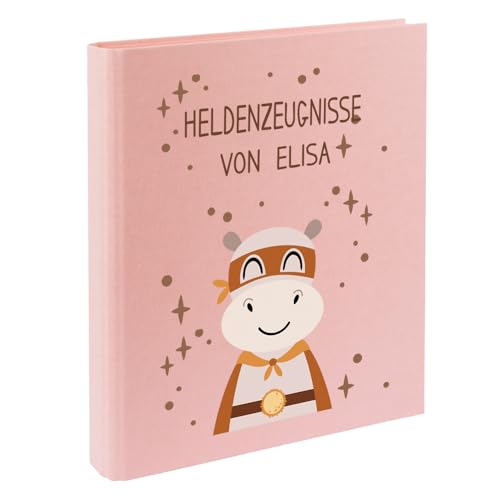 Zeugnismappe mit Namen personalisiert aus Leinen Schulkind Geschenk zur Einschulung Motiv Superheld (Rosa, Nilpferd) von Elefantasie