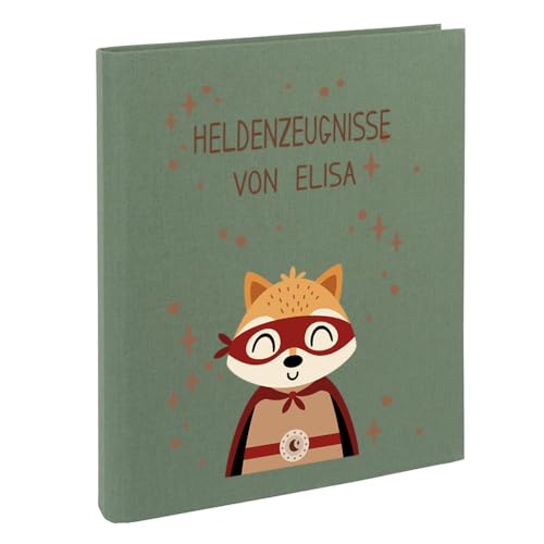 Zeugnismappe mit Namen personalisiert aus Leinen Schulkind Geschenk zur Einschulung Motiv Superheld (Salbei, Fuchs) von Elefantasie