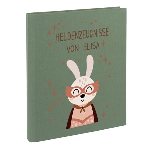 Zeugnismappe mit Namen personalisiert aus Leinen Schulkind Geschenk zur Einschulung Motiv Superheld (Salbei, Hase) von Elefantasie