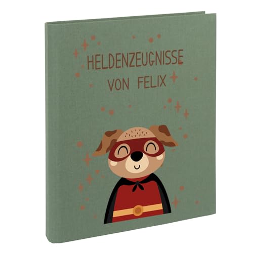 Zeugnismappe mit Namen personalisiert aus Leinen Schulkind Geschenk zur Einschulung Motiv Superheld (Salbei, Hund) von Elefantasie