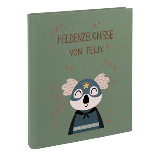 Zeugnismappe mit Namen personalisiert aus Leinen Schulkind Geschenk zur Einschulung Motiv Superheld (Salbei, Koala) von Elefantasie