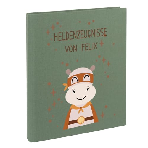 Zeugnismappe mit Namen personalisiert aus Leinen Schulkind Geschenk zur Einschulung Motiv Superheld (Salbei, Nilpferd) von Elefantasie