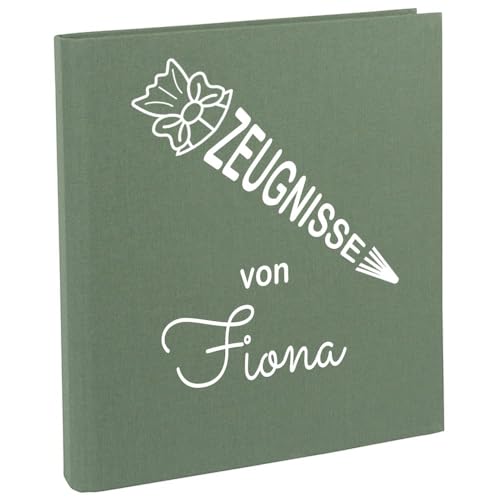 Zeugnismappe mit Namen personalisiert aus Leinen Schulkind Geschenk zur Einschulung Salbei Motiv Schultüte von Elefantasie