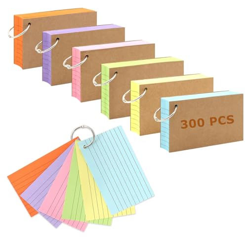 Karteikarten,300 Stück Linierte Karteikarten Lernkarten mit Metallring 7,6 x 12,7cm Index Cards Kraftpapier Notizblöcke Karteikarten A6 Liniert für Zuhause,Büro,Arbeit,Schule 6 Farben von Elegance-go