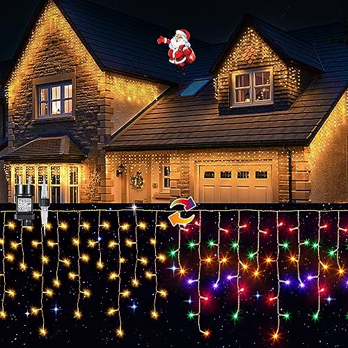 Elegear 10M 400 LED Eisregen Lichterkette Außen, Erweiterbare Lichtervorhang mit Timer IP44 Warmweiß und Bunt Eiszapfen Lichterkette Fenster 8 Modi Weihnachtsbeleuchtung für Weihnachtsdeko Traufe von Elegear