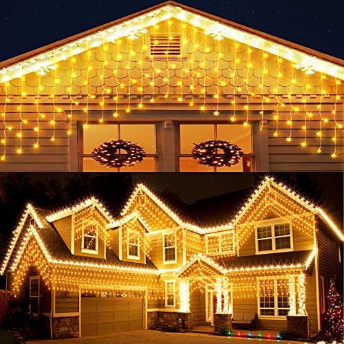 Elegear Erweiterbar Lichtervorhang 4M 144 LEDs Lichterkette Lichtvorhang Außen IP44 Lichterkettenvorhang 8 Modi Warmweiß Eiszapfen Regenlichterkette Weihnachtsdeko für Vorhang Fenster Party Traufe von Elegear