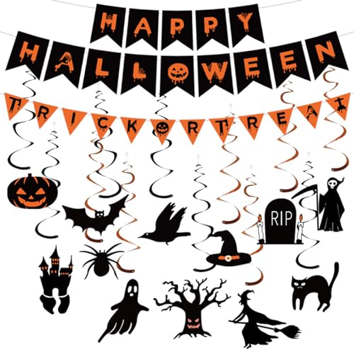 Halloween Party Dekoration Set mit Halloween Girlande, Happy Halloween Banner, Halloween Hängende Spiralen, Halloween Deko Kinder für Halloween Party Deko Indoor von Elekin