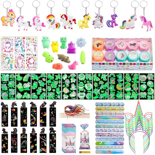 Einhorn Mitgebsel Gastgeschenke Kinder Deko Geschenke Mitbringsel Kindergeburtstag Mädchen Party Geschenke mit Schlüssel Stempel Lesezeichen Armband Geschenktüte Mini Figuren Tattoo Aufkleber von Elektheim