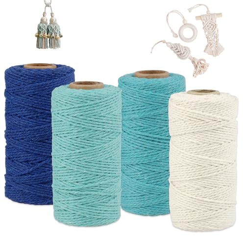 Elepl 4 Stück Makramee Garn 2mm x 100m Baumwollgarn Makramee für DIY Handwerk Basteln Stricken Boho Deko Wandbehang Dekoration Makramee Garn Set (Beige/Hellblau/Blau/Dunkelblau) von Elepl