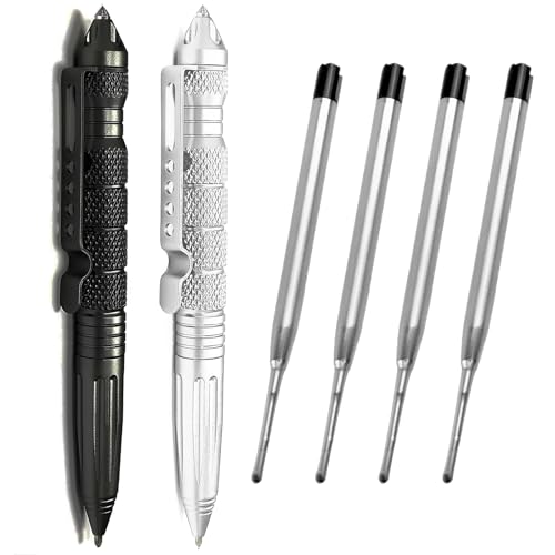 ElevaPulse 2 Stück Multitool Taktischer Stift Mit 4 Tinten Nachfüllpackungen, Tactical Pen, Taktischer Kugelschreiber, Für Schreiben, Emergent Tool Und Geschenk Für Männer Frauen(Schwarz, Silber) von ElevaPulse