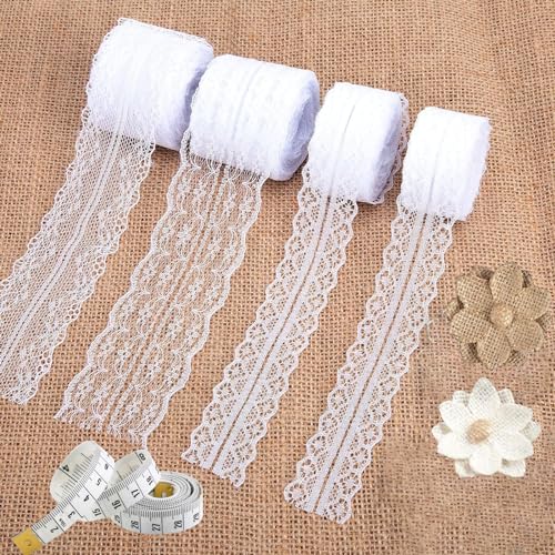 ElevaPulse 4 Rolls Spitzenband(Gesamtlänge Von 40 M) Mit 2 Spitzen-Blumen Und 1 Lineal, Spitzenband Weiß, Spitze, Spitzenborte, Für Hochzeit Tischdeko Basteln Geschenkband Diy Handwerk von ElevaPulse