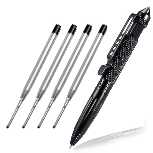 ElevaPulse 2 Stück Multitool Tactical Pen mit 4 Tinten Nachfüllpackungen, Taktischer Stift, Taktischer Kugelschreiber, Survival Gadget, für Schreiben, Emergent Tool Und Geschenk Schwarz von ElevaPulse