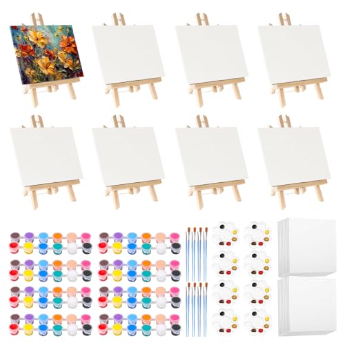 Acrylfarben-Set mit 8 Holzstaffeleien 30 cm und 16 Stück 20,3 x 25,4 cm Leinwand, gespannte Leinwand mit Staffelei, Kunst-Leinwand-Malsets mit Pinseln und Farbtabletts für Erwachsene und Kinderpartys von Elezenioc