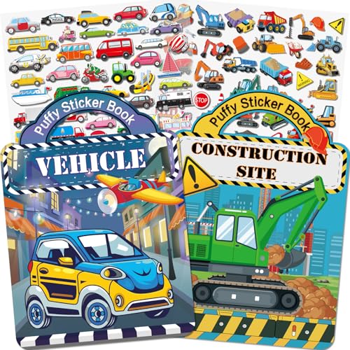 Elfew 2 Stück 3D Wiederverwendbare Stickerbüch für Kinder 2-4 jährige, Puffy Auto Bagger Sticker für Mädchen Jungen, Construction und Fahrzeugr Sticker für ab 2 jahre Kleinkinder Geschenk Party von Elfew