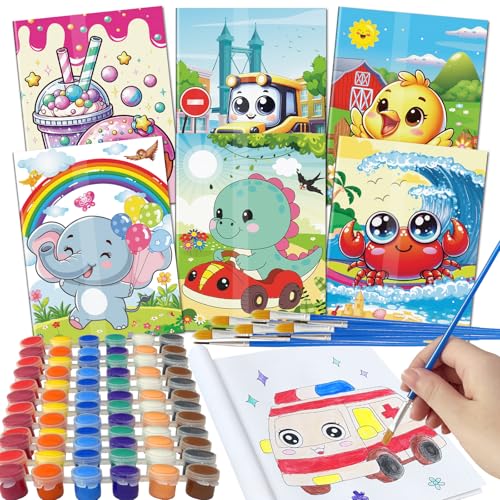 Elfew 6 Stück Acrylfarben Malset für Kinder ab 4-8, Malbücher für Kinder, Waschbaren Acryl Farben Set inklusive 6-Sätze von 12-Farbpigmenten und 12-Pinsel für Kinder DIY, Kinder Geburtstag Mitgebsel von Elfew