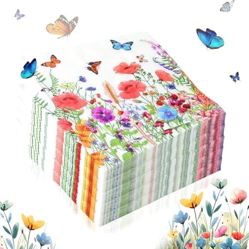 100 Stück Servietten Blumen, Schmetterlinge Servietten Hochzeit, Blumenwiese Servietten Geburtstag, Servietten Bunt für Frühling Geburtstage Partys Hochzeiten Tischdekorationen, 33 x 33 cm von Elfinfi