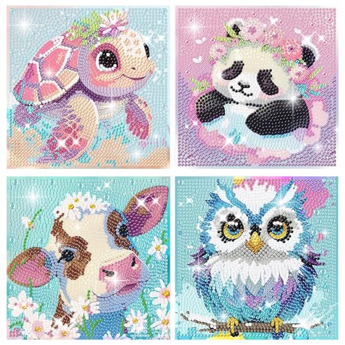 4 Stück Diamond Painting Kinder, DIY Diamond Painting Tiere, Diamant Painting Bilder Kinder, Diamond Painting Eule, Schildkröte, Panda, Kuh für Kinder und Mädchen, Erwachsene Geeignet, Dekorationen von Elfinfi