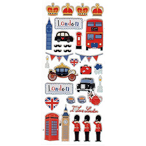 London Fancy Icons Sticker Set - Big Ben, Kronen, Gold State Coach Carriage, Royal Guard, British Moustaches, English Tea Cups and Kettle, Union Jack Heart, Bus, Taxi, Telefonzelle, Briefkasten, Regen von Elgate