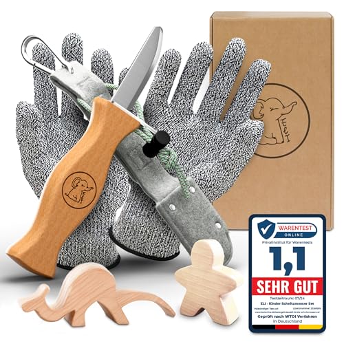 Eli® Schnitzmesser Kinder mit Filztasche ab 6 Jahre - hochwertiges Kindermesser Schnitzset inkl. schnittfeste Handschuhe - Kinderschnitzmesser - Schnitzwerkzeug - Outdoor Messer - grau von Eli