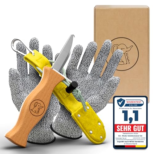 Eli® Schnitzmesser Kinder mit Filztasche ab 6 Jahre - hochwertiges Kindermesser Schnitzset inkl. schnittfeste Handschuhe - Kinderschnitzmesser - Schnitzwerkzeug - Outdoor Messer - gelb von Eli