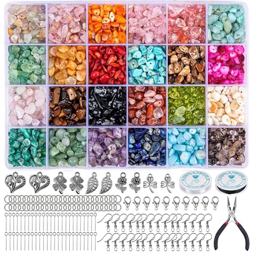 24-Farben Edelstein-Perlen Set – 900 Stück Schmuck Bastelset mit Anhängern, Karabinerverschlüssen, Ohrringhaken, Pins, Biegeringen, Kristallschnur & Zange – DIY Schmuckset für Armbänder, Ketten & Ohrr von Eliano