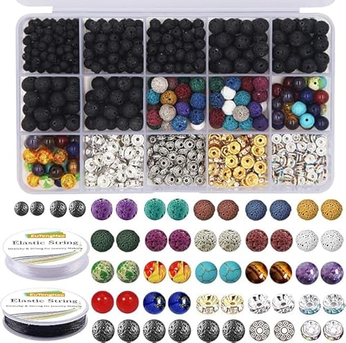 600-teiliges Lava-Perlen-Set, schwarze und bunte Chakra-Perlen (4mm-8mm), mit Metall-Spacer und elastischen Schnüren, DIY-Armband-Set für Schmuckherstellung, Meditations- und Achtsamkeitsprojekte von Eliano