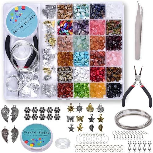 Eliano DIY Schmuckset – 24 Farben Steinperlen (ca. 45–50/Stück), 16 Charms & Werkzeug – Für Armbänder, Halsketten & Ohrringe von Eliano