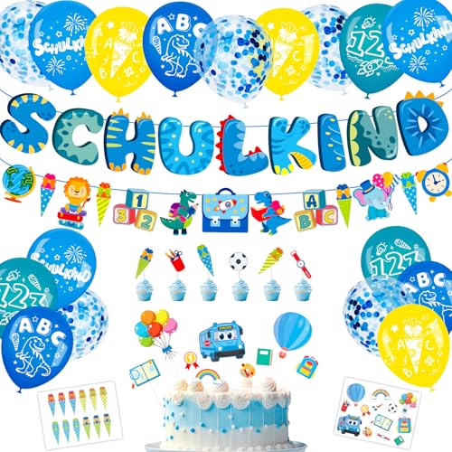 Elidepe Einschulung Junge, Einschulung Deko, Blaue Dinosaurier Schulanfang Junge Deko Set, Tortendeko Einschulung + SCHULKIND Banner + Zuckertüte Girlande + Schulkind Latex Luftballons + Papierstücke von Elidepe