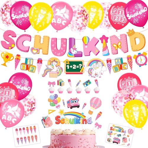 Elidepe Einschulung Mädchen, Einschulung Deko, Rosa Einhorn Schulanfang Deko Mädchen Set, Tortendeko Einschulung + SCHULKIND Banner + Zuckertüte Girlande + Schulkind Latex Luftballons + Papierstücke von Elidepe