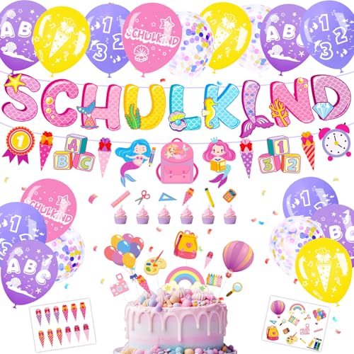 Elidepe Einschulung Mädchen, Einschulung Deko, Meerjungfrau Schulanfang Deko Mädchen Set, Tortendeko Einschulung + SCHULKIND Banner + Zuckertüte Girlande + Schulkind Latex Luftballons + Papierstücke von Elidepe