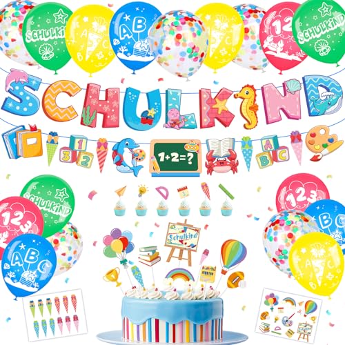 Elidepe Einschulung Deko, Einschulung Mädchen Junge, Unterwasserwelt Schulanfang Junge Mädchen Deko Set, Tortendeko Einschulung + SCHULKIND Banner + Zuckertüte + Schulkind Luftballons + Papierstücke von Elidepe