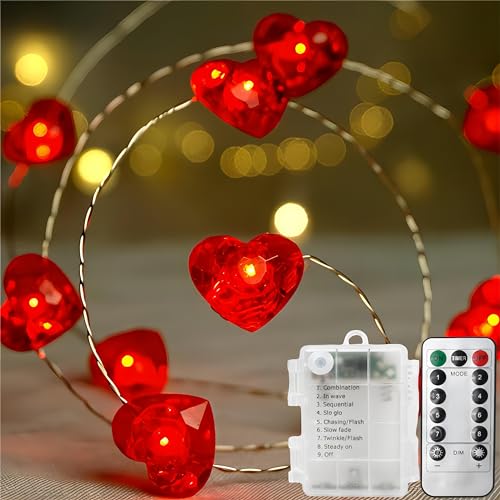 300 cm Rote LED-Lichterkette in Herzform, Herzförmige Lichterkette mit 30 Glühbirnen, Funkelnde Silberdraht Draht Lichterketten, Herzen LED Lichterketten, Red Heart LED Light Chain für Außen Innen von Elitecran