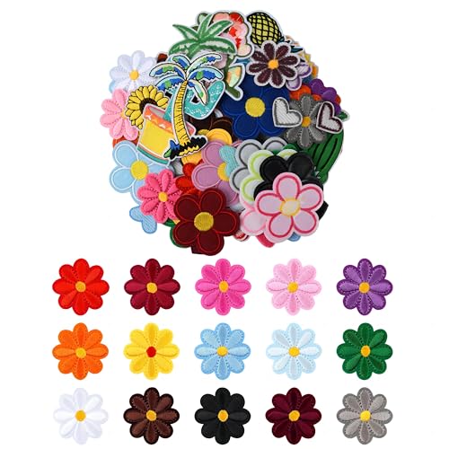 78 Stück Bestickte Aufnäher, Flicken zum Aufbügeln Kinder, 38 Blumen Bügel Patches, 30 Bunte Herzen Gestickten Applikationen & 10 Pflanzen Bügelflicken, Iron on Patches für Kleidung/Rucksack/Hüte von Elitecran