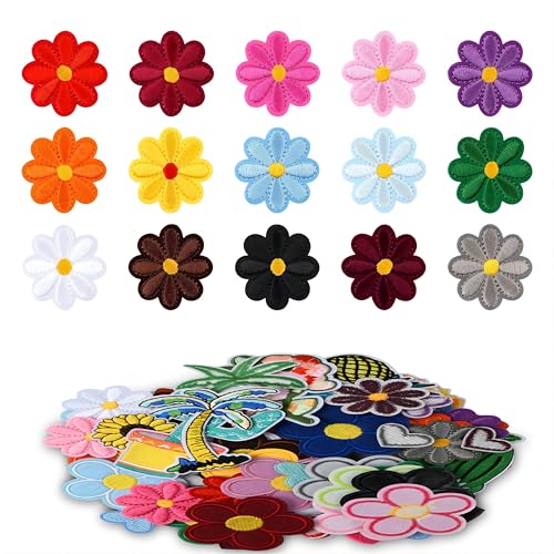 78 Stück Bestickte Aufnäher, Flicken zum Aufbügeln Kinder, 38 Blumen Bügel Patches, 30 Bunte Herzen Gestickten Applikationen & 10 Pflanzen Bügelflicken, Iron on Patches für Kleidung/Rucksack/Hüte von Elitecran