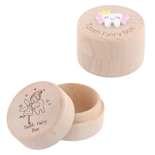 Elitecran 2pcs Milchzahndose Personalisiert aus Holz, Zahn Andenkenbox mit Niedlichem Motiv, Niedlich 3D Gravur Zahndose, Kinder Zahnfee Milchzähne Zahnbox Geschenk für Baby Jungen Mädchen von Elitecran