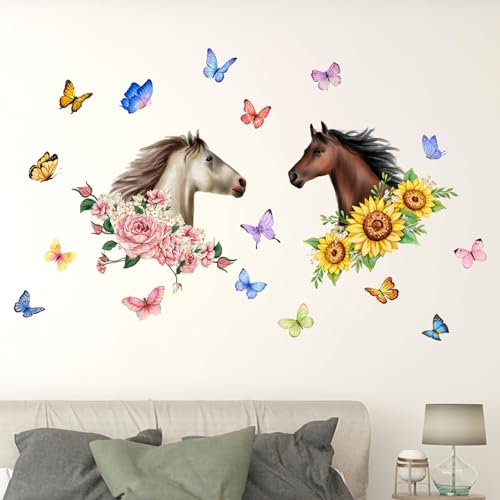 Wandtattoo Pferdekopf mit Blumen, Schöne Schmetterlingen Selbstklebend Wandaufkleber Deko, Wandsticker Pferde für Junge Mädchen Schlafzimmer Klassenzimmer Wohnzimmer Wanddeko von Elitecran