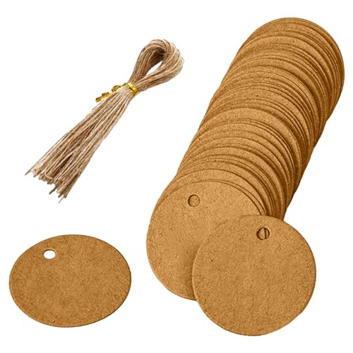 100-kreisförmige Geschenketiketten aus Kraftpapier, 5cm braunes Geschenketikett, kreisförmiges Kraftpapier-Anhänger-Etikett, mit 100-Hanfseilen, passend für Kunst, Geschenkverpackung, etc. von Elkuaie