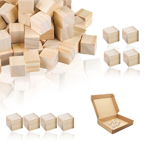 100PCS Holzwürfel, Leerer Bastelwürfel, Beladene Quadratische Holzblockdekoration aus Holz, Geeignet Zum DIY-Malen, Zahlenbuchstaben, Schnitzen und Stapeln(Holzfarbe) von Elkuaie