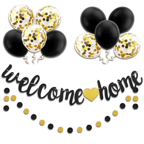 Welcome Home Decoration Set, Welcome Home Banner und Ballon, Schwarz Gold Ballon und Welcome Home Glitter Banner, Welcome Back Party Supplies für Familie Baby Shower Willkommen von Elkuaie